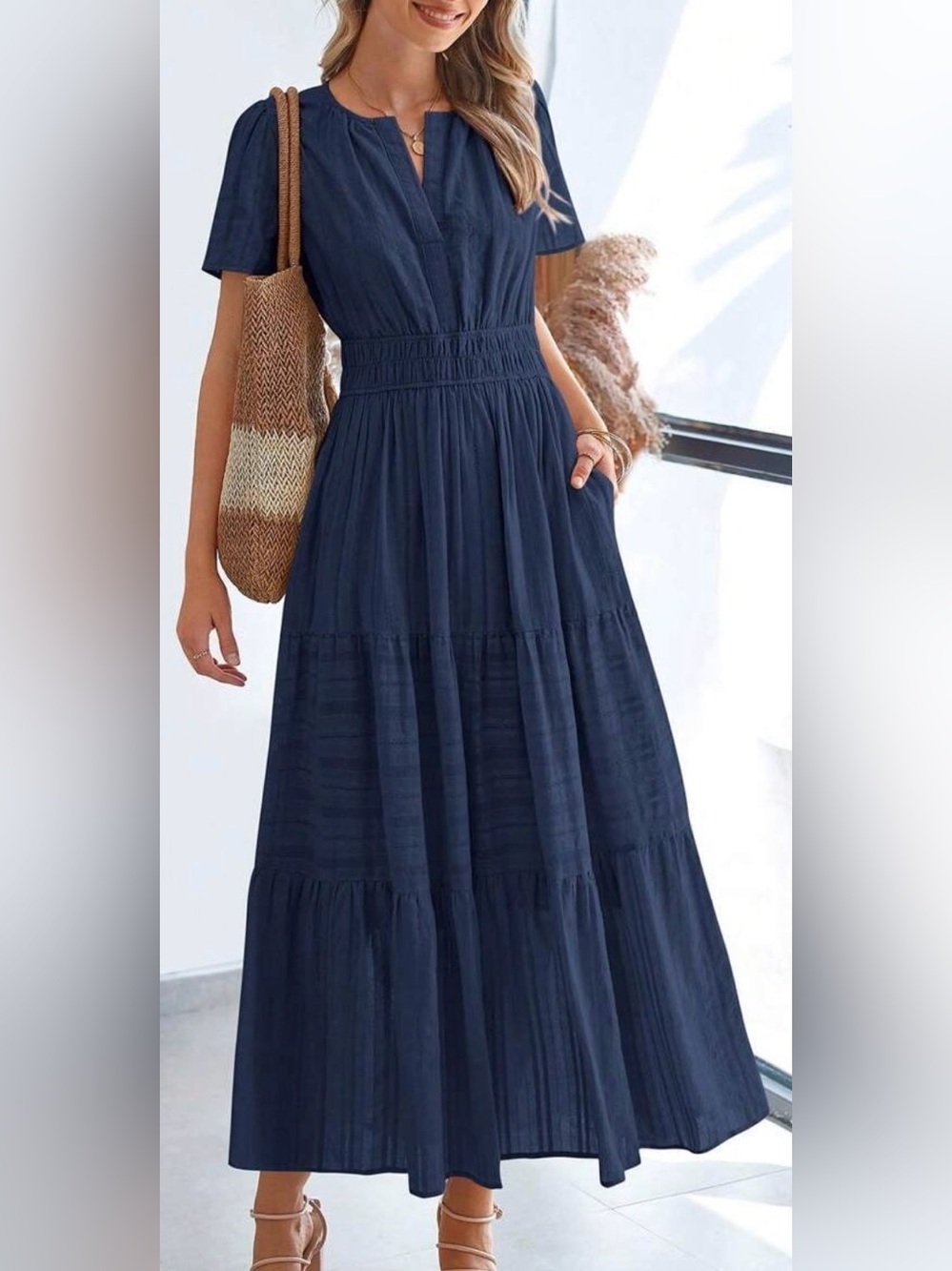 Smocked Waist Navy Maxi Dress with Short Sleeves and Pockets-NWOT